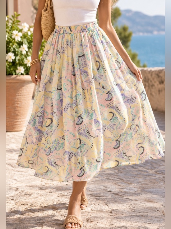 Go Silk Dresses & Skirts - Go Silk Vintage Size 2 100% Silk Pastel Abstract Print Midi Skirt Elastic Waist